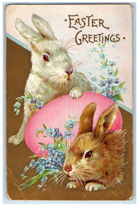 c1910's Easter Greetings Bunny Rabbit Egg Pansies Flowers Embossed Postcard