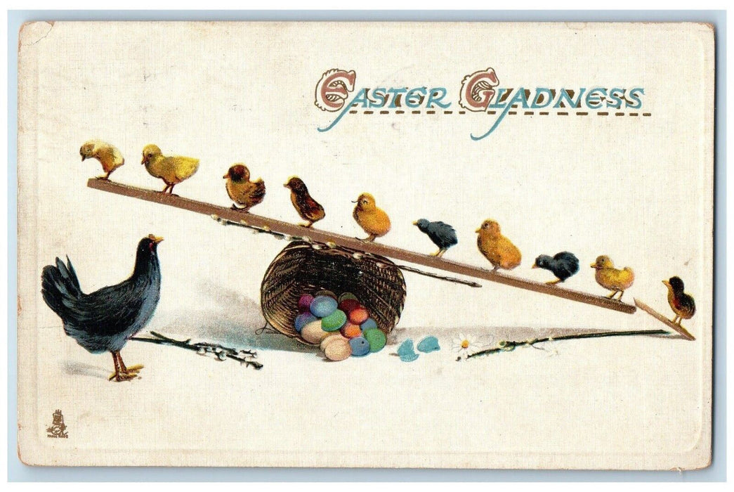 Easter Gladness Chicken Hen Chicks Seesaw Basket Eggs Tuck's Auburn ME Postcard