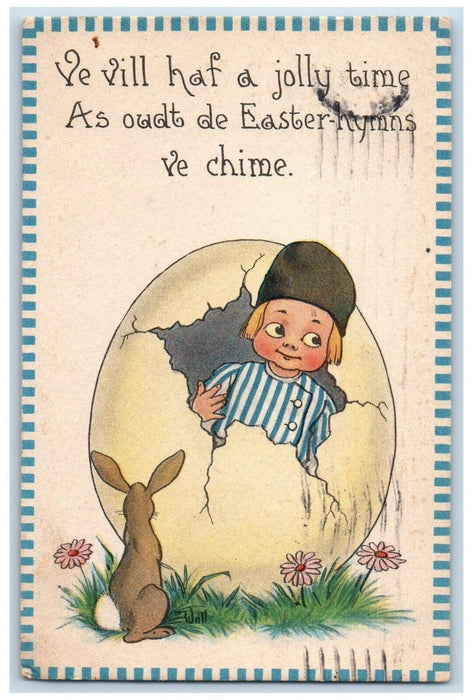 1914 Easter Jolly Time Child In Hatched Egg Bunny Rabbit Flowers Postcard