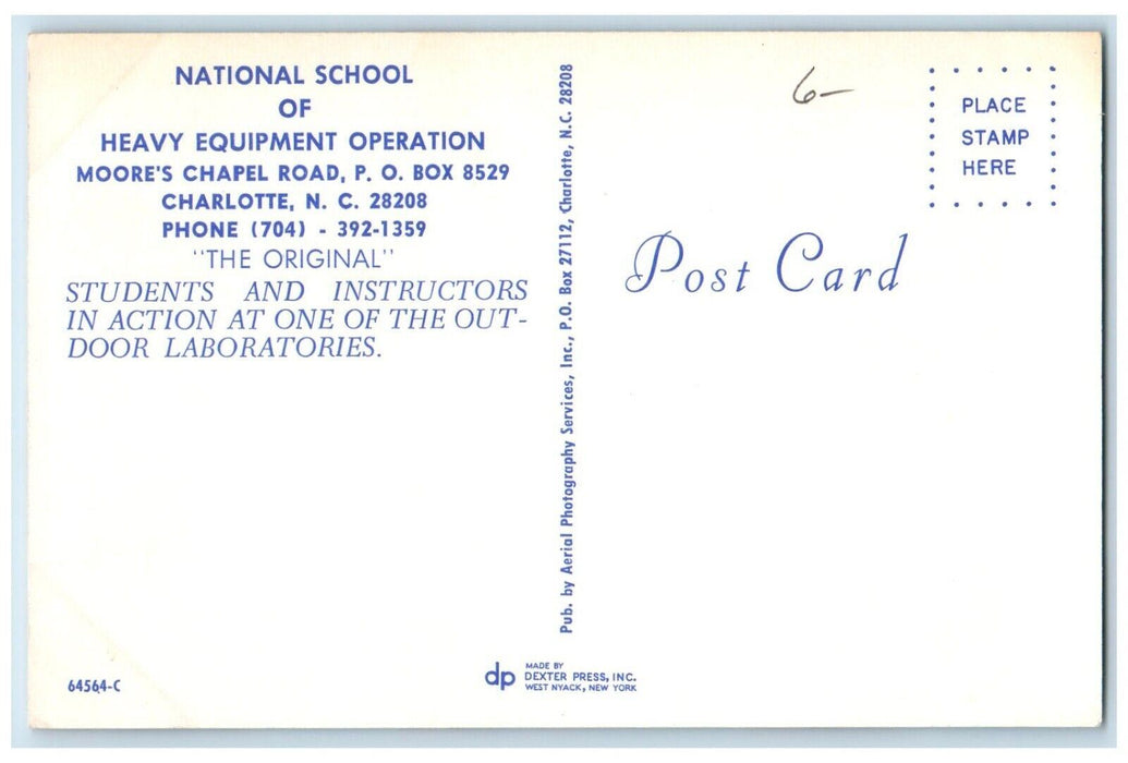 1960 National School Heavy Equipment Operation Charlotte North Carolina Postcard