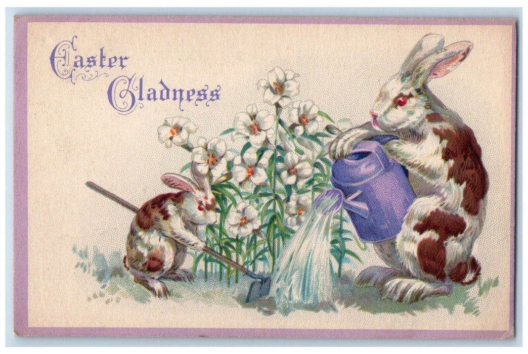 c1910's Easter Gladness Anthropomorphic Rabbit Watering Lily Flowers Postcard