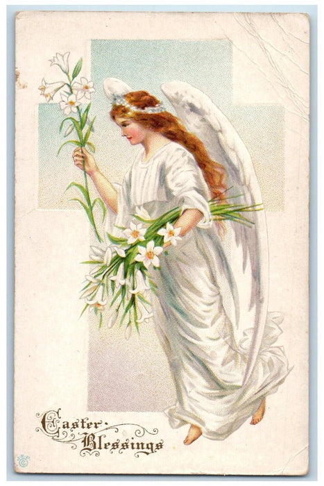 c1910's Easter Blessings Holy Angel White Lily Flowers Embossed Antique Postcard