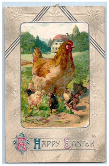 c1910's Happy Easter Chicks Chicken Hen Embossed Winsch Back Antique Postcard