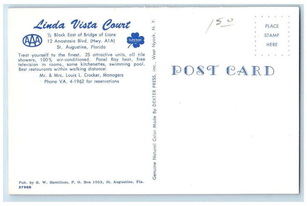 Linda Vista Court Motel And Pool Car St. Augustine FL, Dual View Postcard