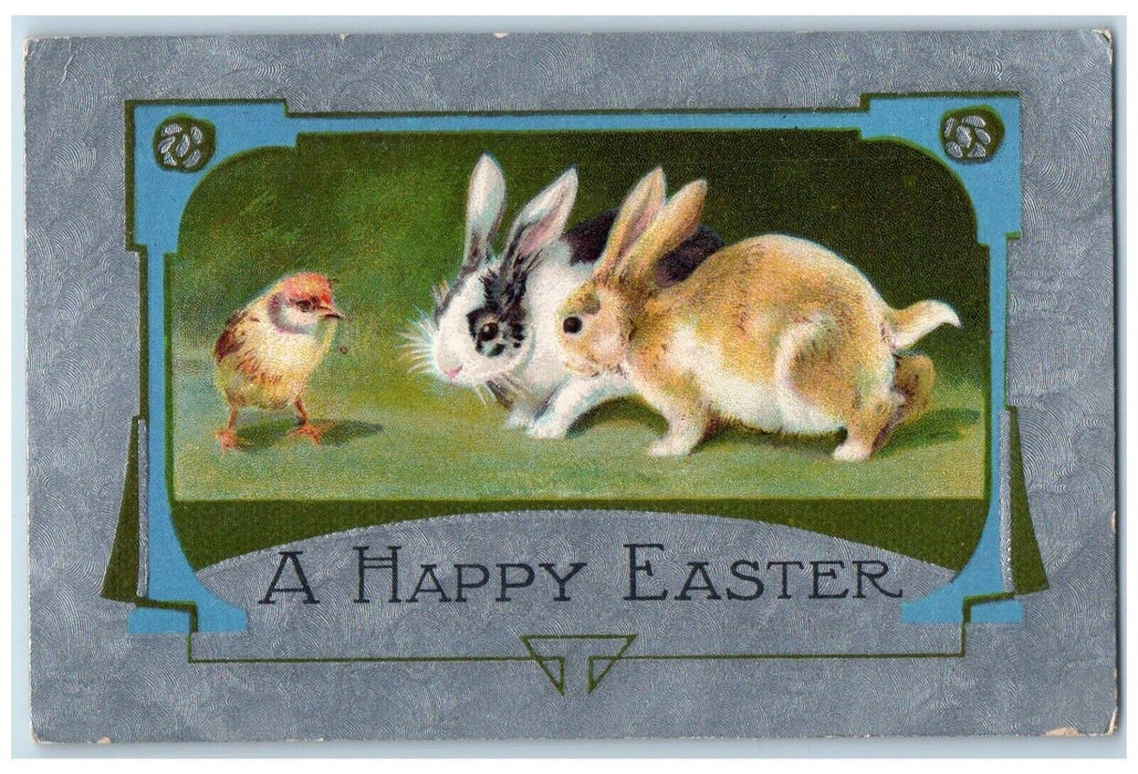 c1910's Happy Easter Bunny Rabbits Chick Art Nouveau Embossed Antique Postcard