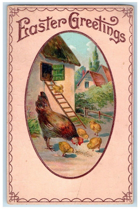 c1910's Easter Greetings Chicken Hen Chicks Ladder Embossed Antique Postcard