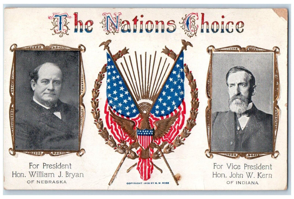 1908 Political Advertising President William Bryan Nebraska John Kern Postcard