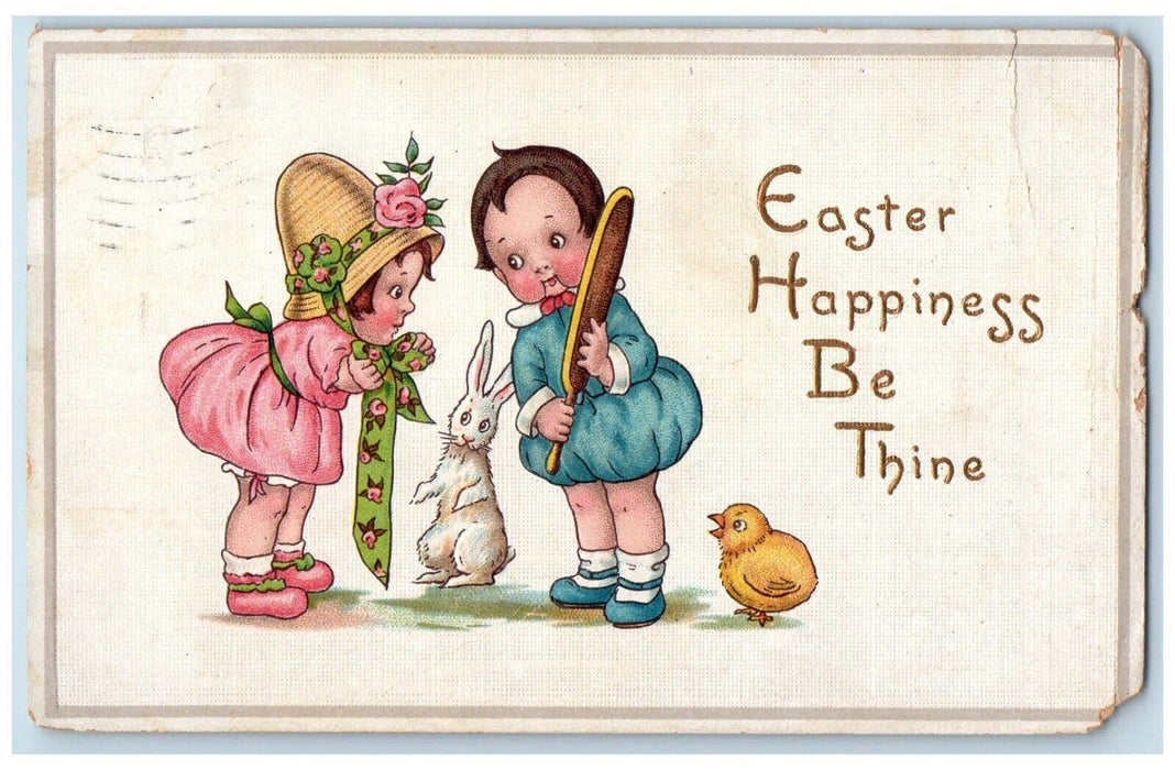 1915 Easter Little Girls Bunny Rabbit Chick Paddle Embossed Antique Postcard