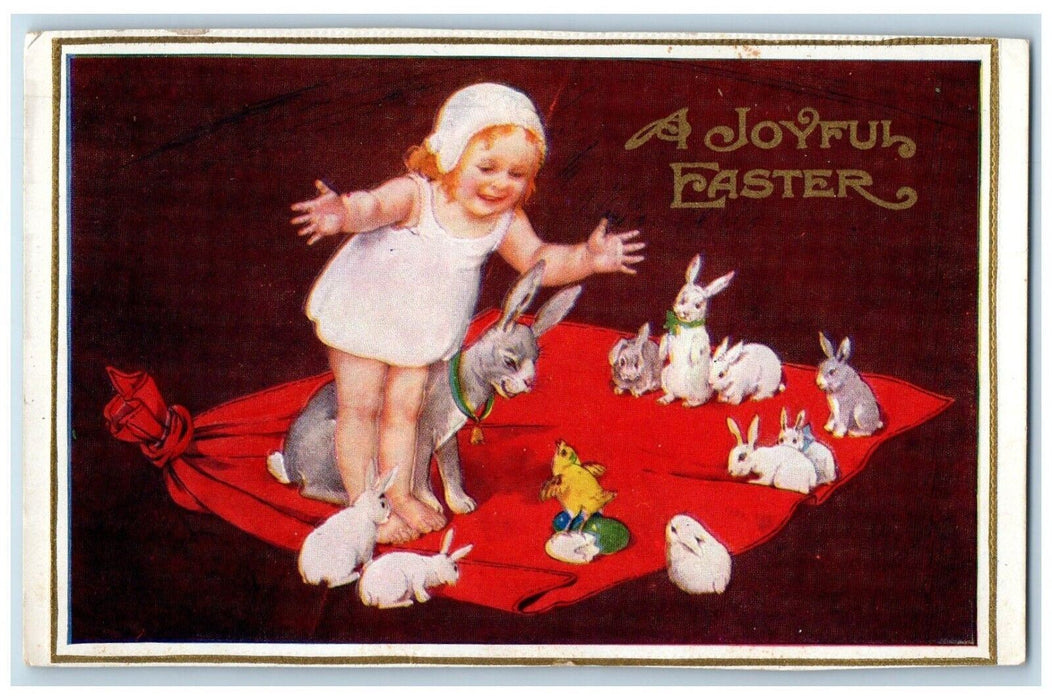 c1910's Easter Girl Playing With Rabbit Chick Eggs Bunny Rabbit Antique Postcard
