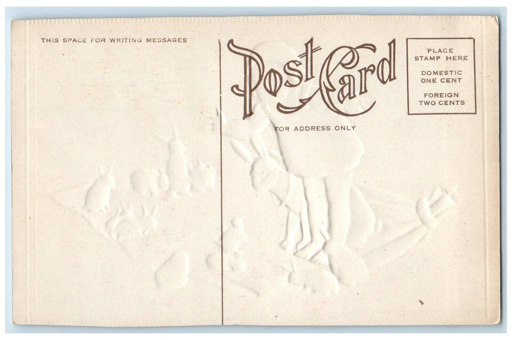 c1910's Easter Girl Playing With Rabbit Chick Eggs Bunny Rabbit Antique Postcard