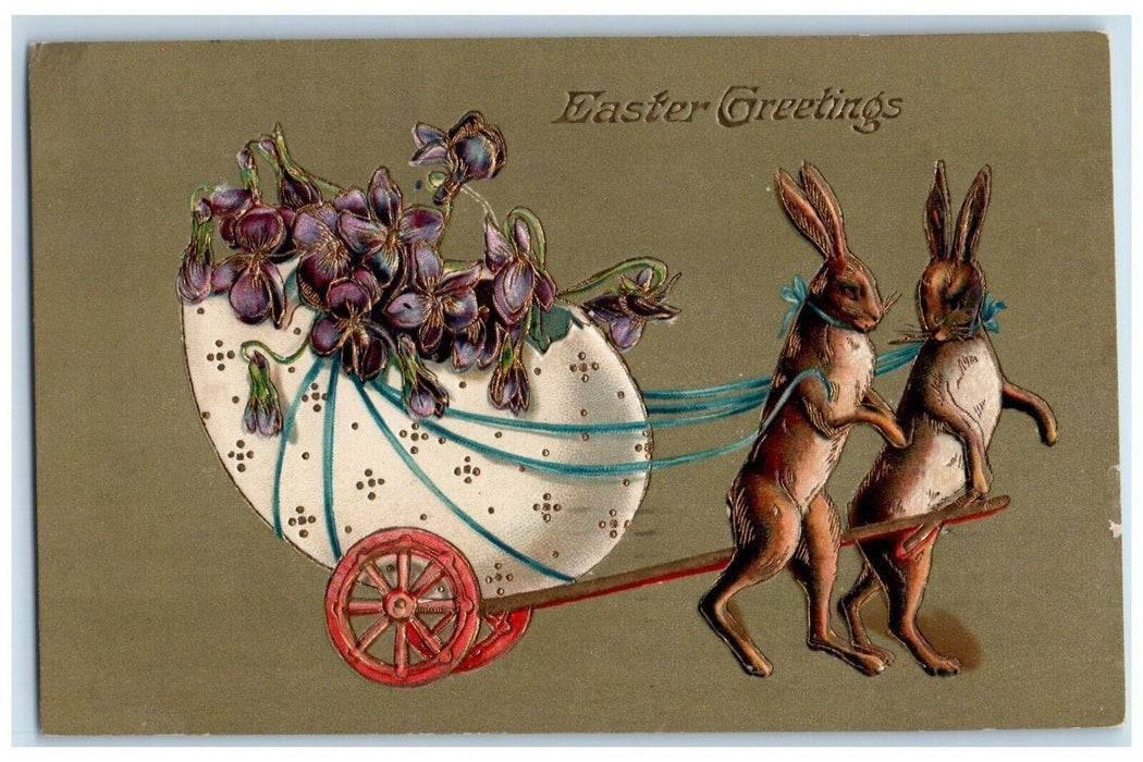 1909 Easter Greetings Anthropomorphic Rabbit Egg Pansies Flowers Posted Postcard