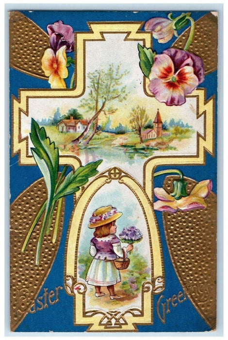 c1910's Easter Greetings Girl Cross Pansies Flowers Embossed Antique Postcard