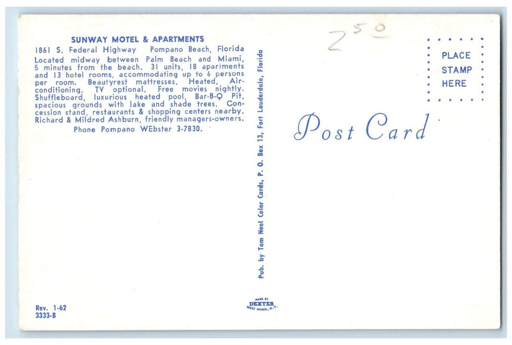 1960's Sunway Motel & Apartments Swimming Pool Pompano Beach Florida FL Postcard