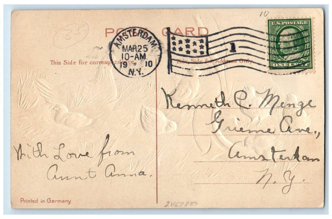 1910 Easter Broken Bowl Chicks Chicken Hen Embossed Amsterdam NY Posted Postcard
