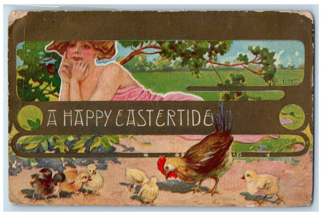 c1910's Easter Girl Chicken Hen Chicks And Trees Posted Antique Postcard