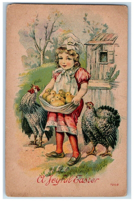 c1910's Joyful Easter Girl Cached Chicks Chicken Hen Posted Antique Postcard