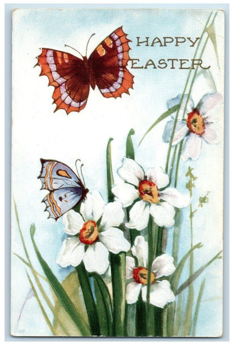 c1910's Happy Easter White Daisy Flowers Butterflies Embossed Antique Postcard