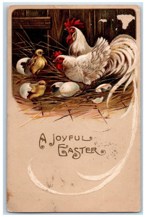 c1910's Joyful Easter Egg Hatched Chick Rooster Chicken Hen Embossed Postcard