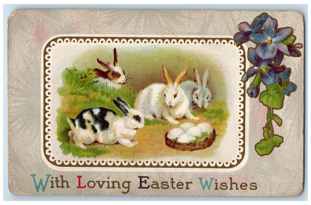 c1910's Easter Wishes Bunny Rabbit Pansies Flowers Embossed Antique Postcard
