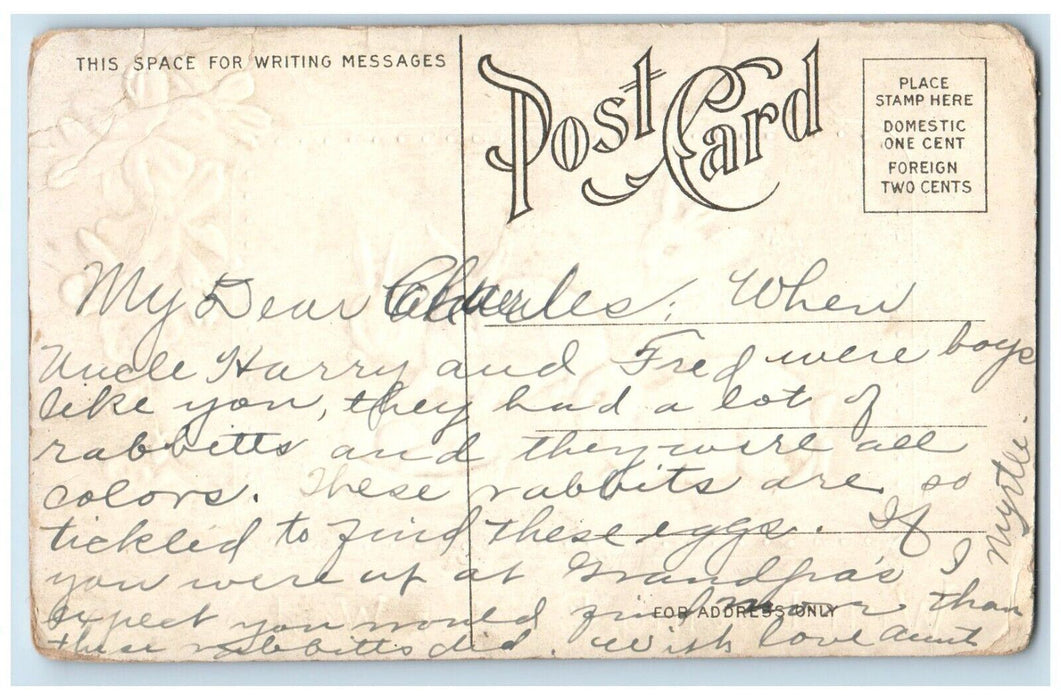 c1910's Easter Wishes Bunny Rabbit Pansies Flowers Embossed Antique Postcard