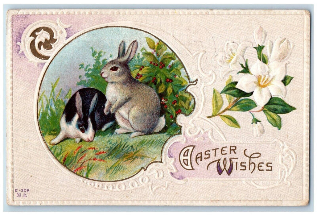 1914 Easter Wishes Bunny Rabbit And Lily Flowers Embossed Antique Postcard