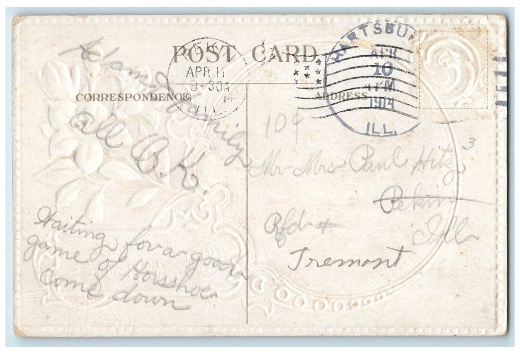 1914 Easter Wishes Bunny Rabbit And Lily Flowers Embossed Antique Postcard