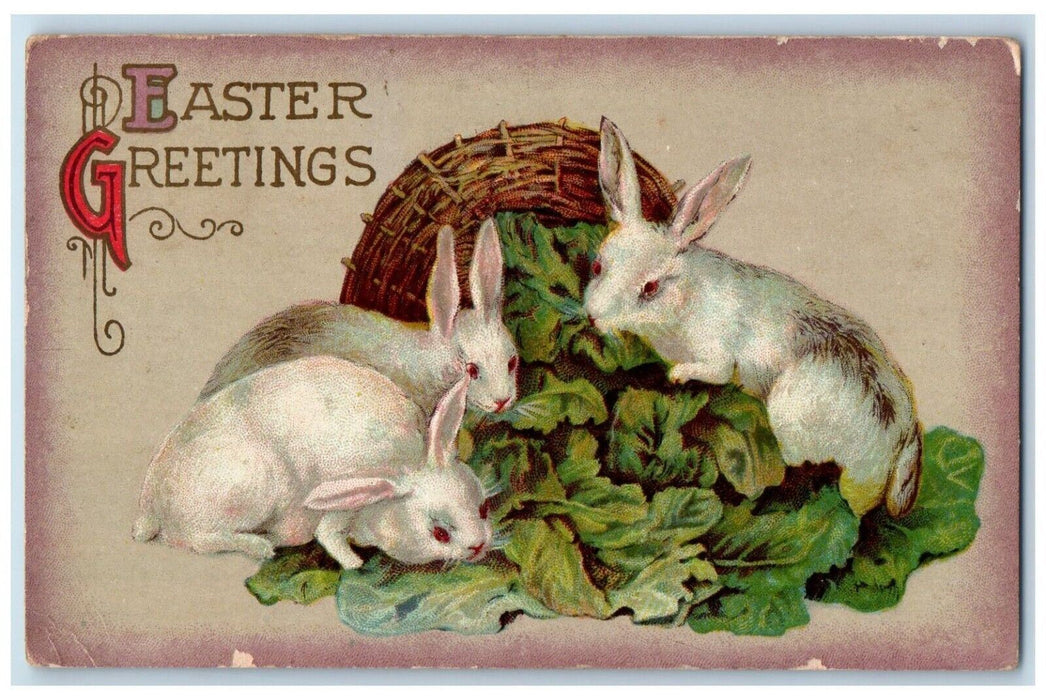 1912 Easter Greetings Basket Of Leaf Bunny Rabbit Winsch Back Embossed Postcard