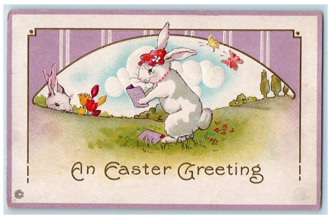 c1910's Easter Greeting Anthropomorphic Bunny Rabbit Butterfly Flowers Postcard