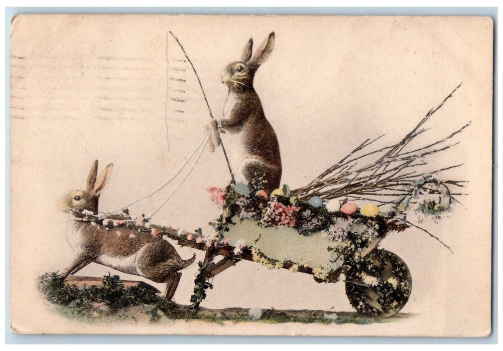 1909 Easter Anthropomorphic Bunny Rabbit Pulling Cart Eggs Embossed Postcard