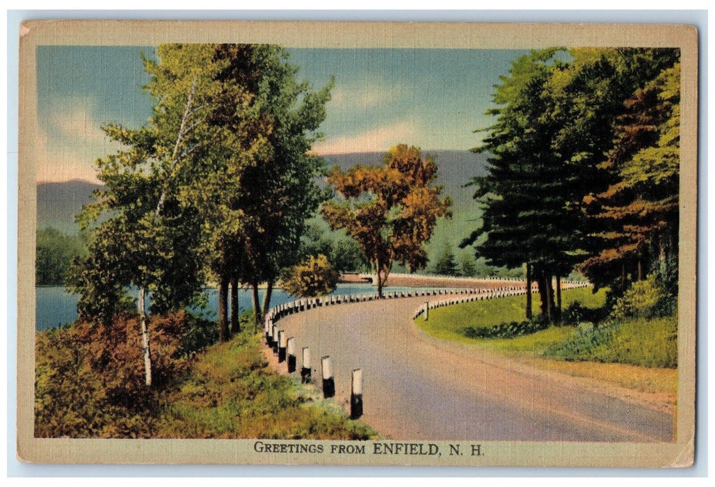 1940 Greetings From Enfield New Hampshire NH, Road Curve Vintage Postcard