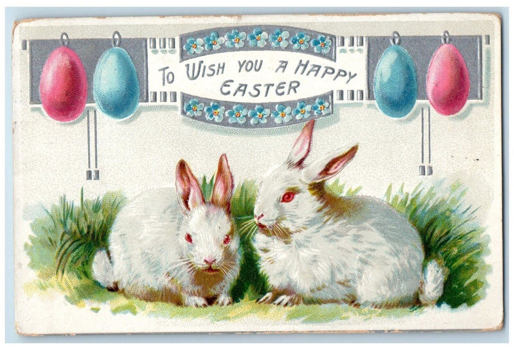 1910 Easter Bunny Rabbit Eggs Pansies Flowers Embossed Tuck's Antique Postcard
