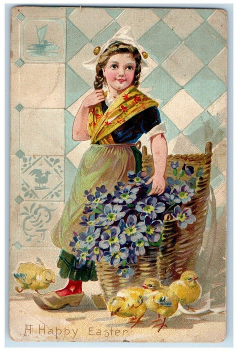 c1905 Easter Dutch Girl Chick Basket Of Pansies Flowers Embossed Tuck's Postcard