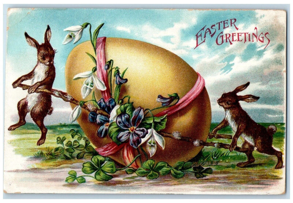 c1910's Easter Greetings Anthropomorphic Rabbit Egg Pansies Flowers Postcard