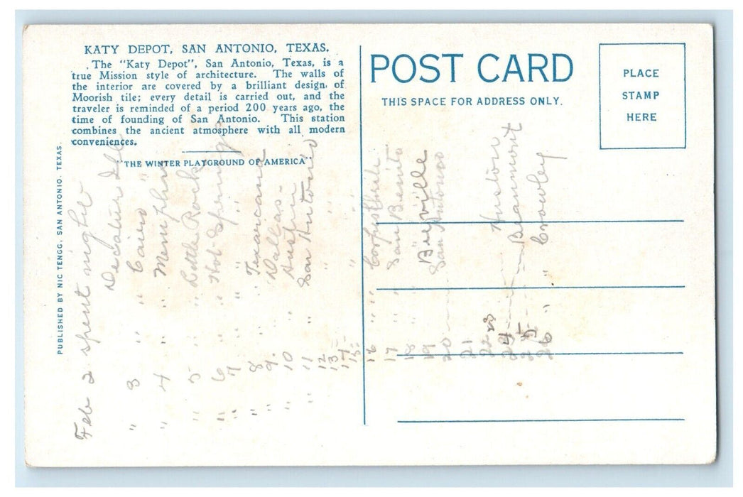 c1930's Katy Depot Train Station Cars San Antonio Texas TX Vintage Postcard
