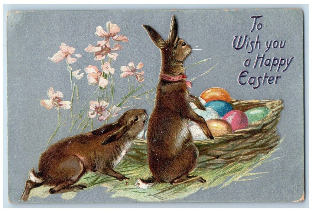 c1910's Easter Bunny Rabbit Basket Of Eggs Flowers Antique Tuck's Postcard
