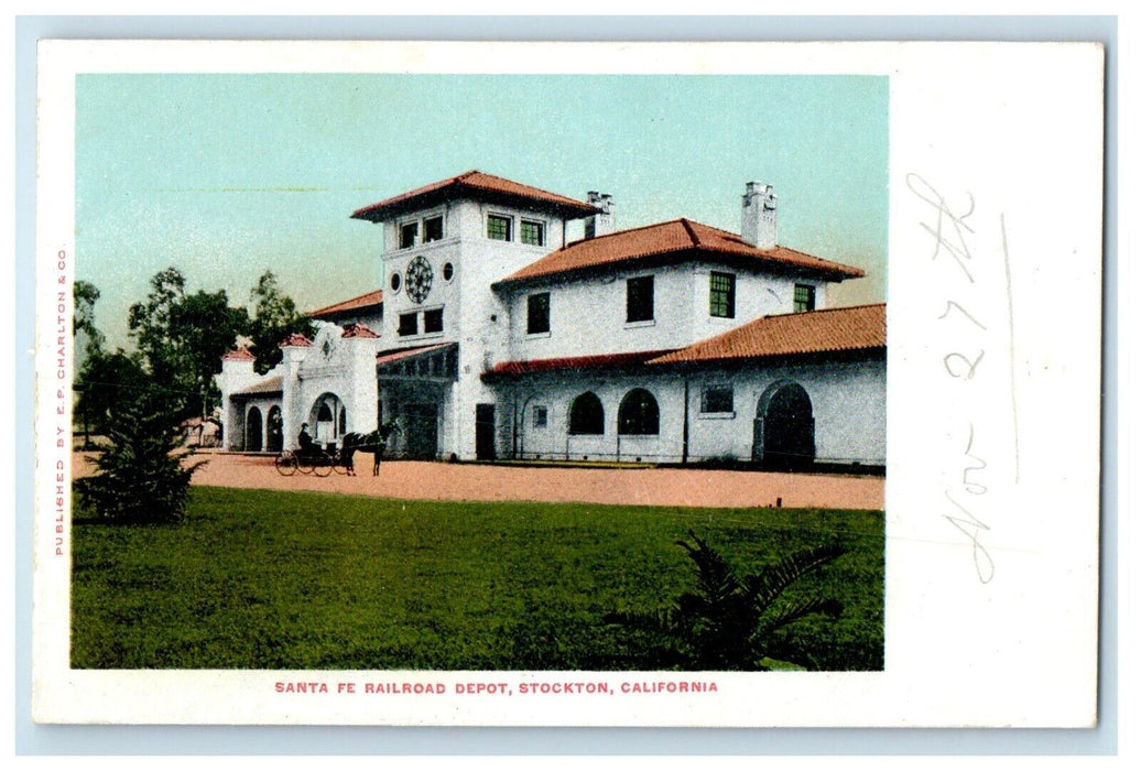 Santa Fe Railroad Depot Station Horse Wagon Stockton California CA Postcard