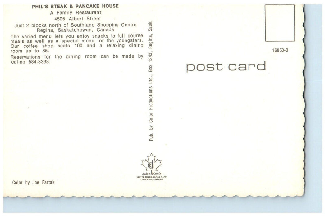 c1960 Phil's Steak & Pancake House Restaurant Saskatchewan Canada CA Postcard