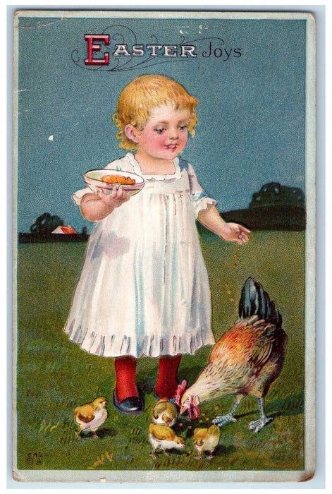 c1910's Easter Joys Little Girl Feed Chicken Hen Chicks Embossed Posted Postcard