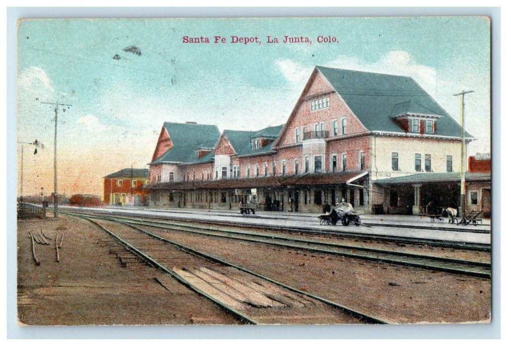 1914 Santa Fe Depot Train Station La Junta Colorado CO Posted Antique Postcard
