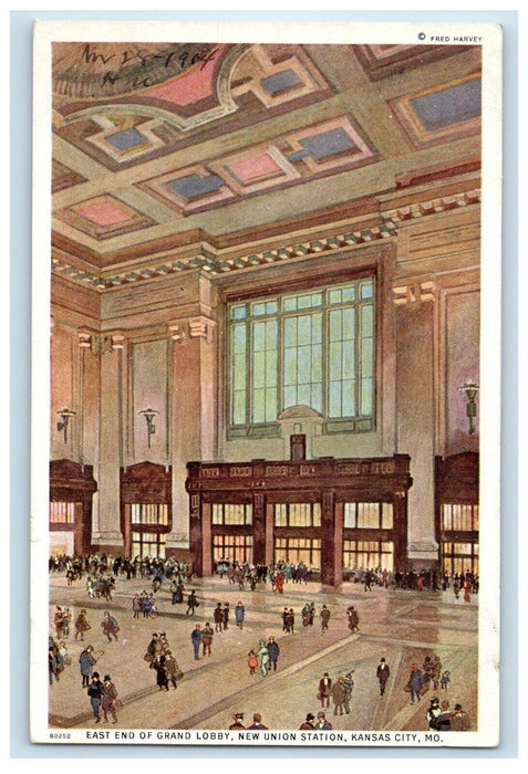 East End Of Grand Lobby New Union Station Kansas City MO, Fred Harvey Postcard