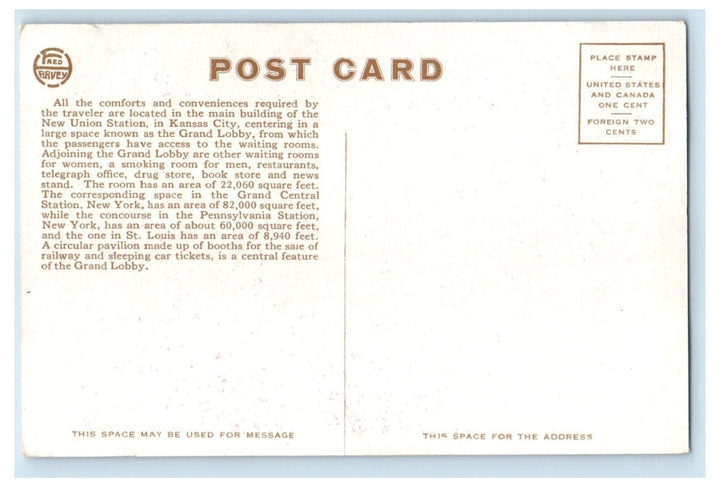 East End Of Grand Lobby New Union Station Kansas City MO, Fred Harvey Postcard