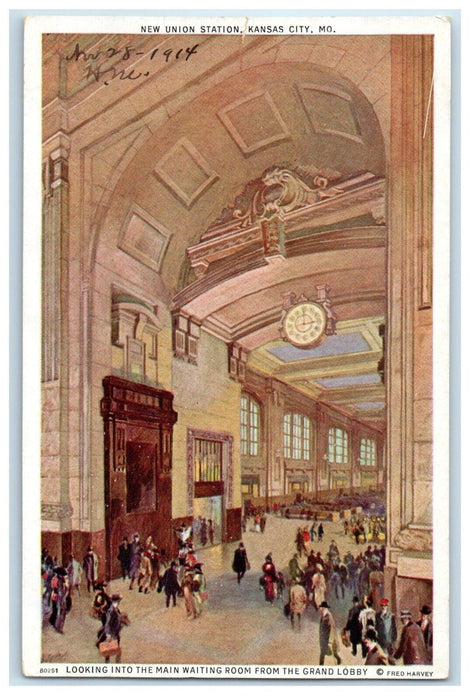 New Union Station Grand Lobby Interior Kansas City MO, Fred Harvey Postcard