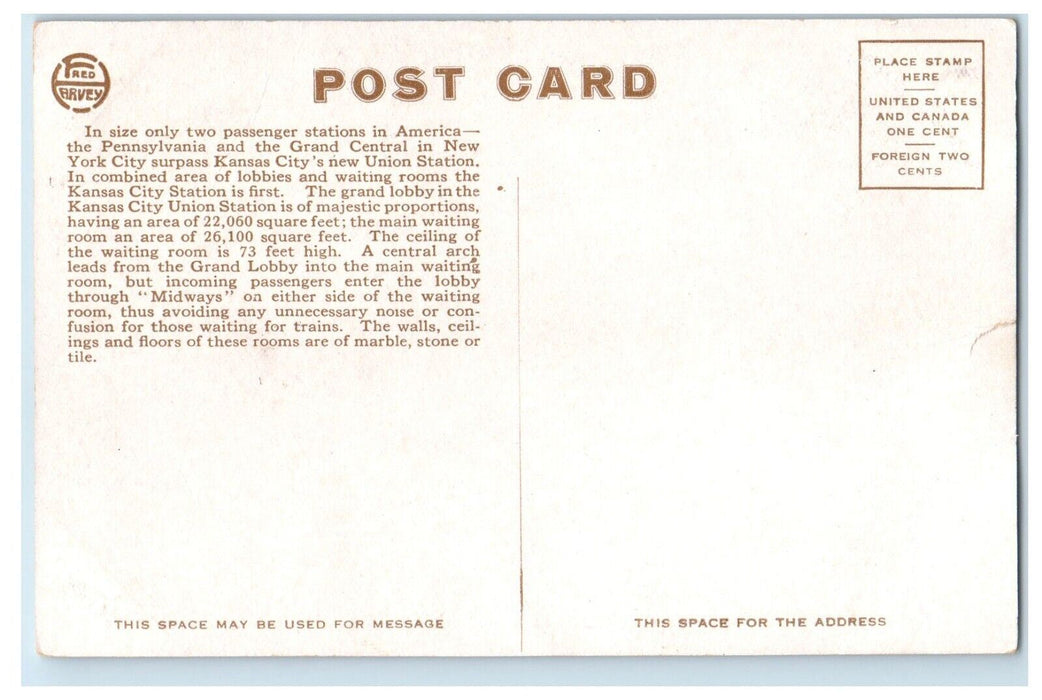 New Union Station Grand Lobby Interior Kansas City MO, Fred Harvey Postcard