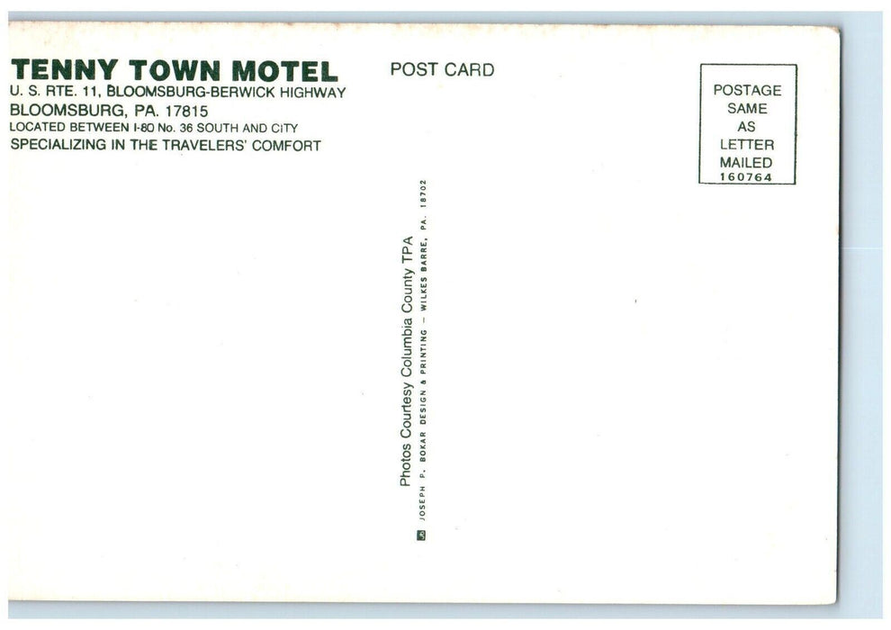 1960 Greetings From Bloomsburg Tenny Town Motel Pennsylvania PA Vintage Postcard