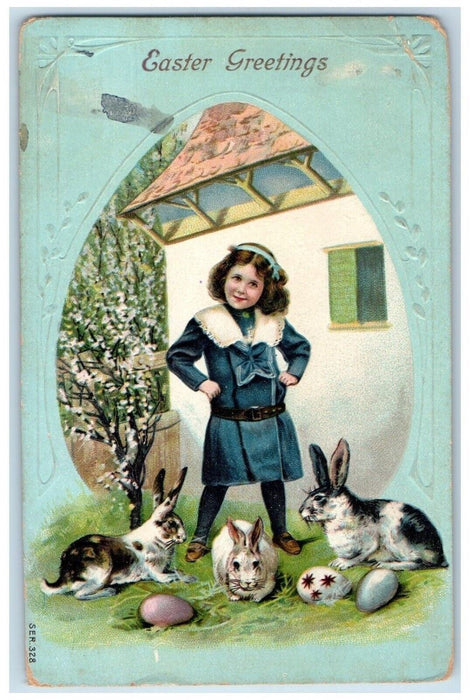 1909 Easter Greetings Egg Bunny Rabbit Eggs Embossed Buffalo NY Antique Postcard