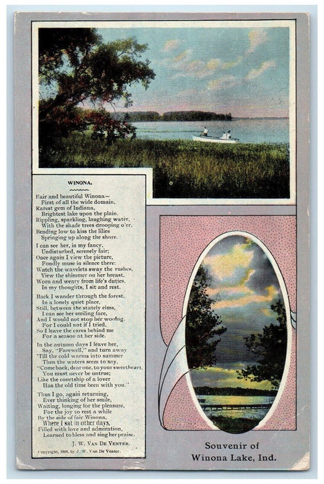c1910's Souvenir Of Winona Lake Indiana IN, Poem Canoe Posted Antique Postcard