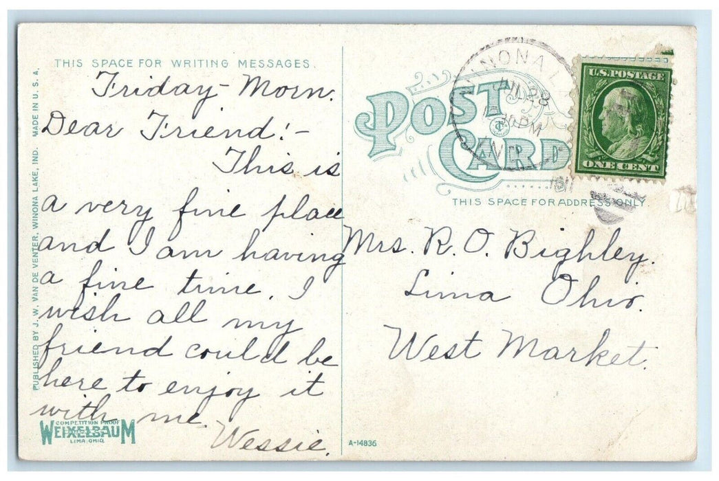 c1910's Souvenir Of Winona Lake Indiana IN, Poem Canoe Posted Antique Postcard