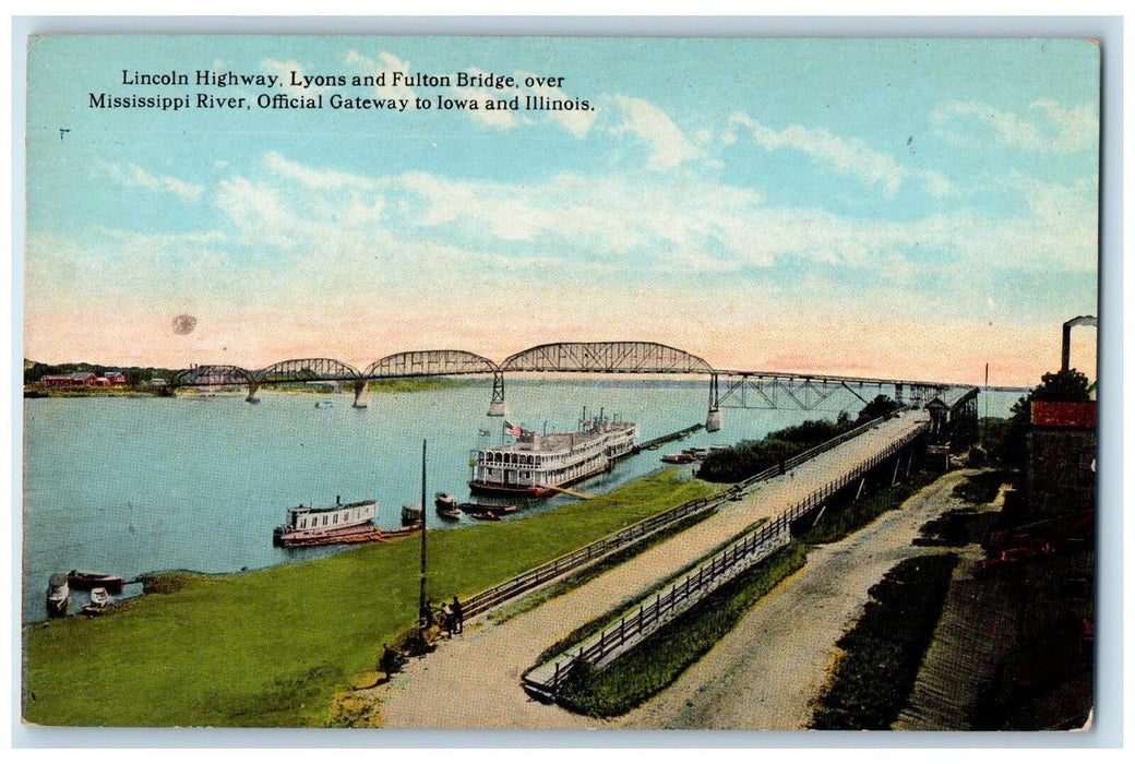 c1950 Lincoln Highway Lyons Fulton Bridge River Ferry Clinton Iowa IA Postcard