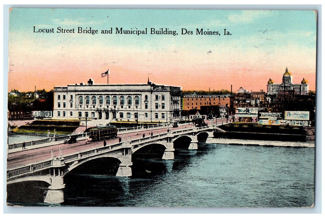 1915 Locust Street Bridge Municipal Building Tramway Des Moines Iowa IA Postcard