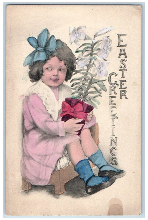 c1910's Easter Greetings Pretty Girl Flowers In Pot Unposted Antique Postcard